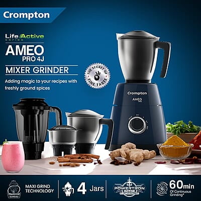CROMPTON AMEO PRO 750W 4 Jars Mixer Grinder with MaxiGrind and Motor Vent-X Technology