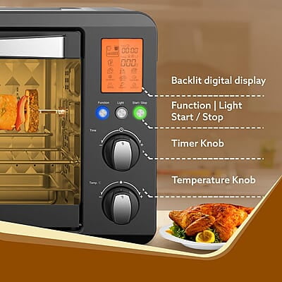 Agaro Imperial Digital Oven Toaster Griller, 28 Litres, 10 Preset Cooking Function, Convection Function, Motorized Rotisserie, Backlit Lcd Display, Black - 1500 Watts
