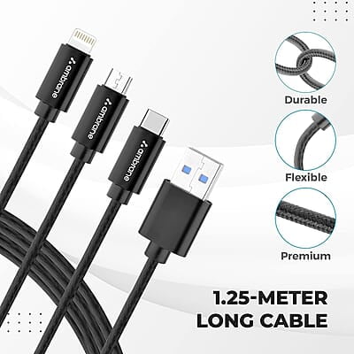 Ambrane Unbreakable 3 in 1 USB Fast Charging Cable with Type C, Lightning, Micro USB Port with 2.1 A