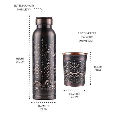 MILTON Copper Elegante Gift Set (1- Bottle, 940 ml and 2-Tumbler, 290 ml Each), Copper Ethnic