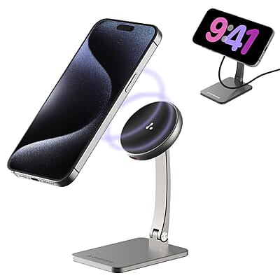 Ambrane 15W MagSafe Wireless Charger & Mobile Stand Lightweight & Foldable for iPhone 15/15 Plus/15 Pro/15 Pro Max, iPhone 12/13/14 Series & Other Qi Devices + Magnetic Ring Aerosync S1