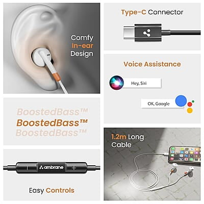 Ambrane Wired Type C in Ear Earphones with in-line Mic for Clear Calling, 1.2M Cable, 14mm Dynamic Drivers for BoostedBass, Multi-Functional Controller for Type C Enabled Mobiles Stringz 02