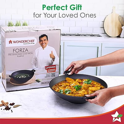 Wonderchef Forza Pre-Seasoned Cast-Iron Kadhai 3.35L, 3.8mm Wonderchef Forza Pre-Seasoned Cast-Iron Kadhai 3.35L, 3.8mm