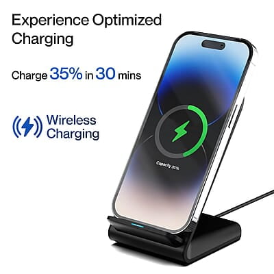 Ambrane 15W Wireless Charging Stand for iPhone 14/13/12 Series, Galaxy S23/S22/S21/S20/Note20 Series, OnePlus 9/9 Pro, Apple Watch & Other Qi Devices Powerpod Ambrane 15W Wireless Charging Stand for iPhone 14/13/12 Series, Galaxy S23/S22/S21/S20/Note20 Series, OnePlus 9/9 Pro, Apple Watch & Other Qi Devices Powerpod