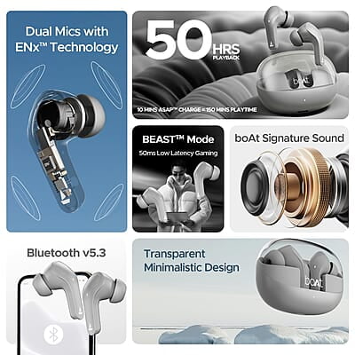 boAt Airdopes 311 Pro w/Up to 50 HRS Playtime, ASAP Charge(10min=150 Mins), Dual Mics w/ENx Tech, Transparent ID, 50 ms Low-Latency Beast Mode, IPX4 Truly Wireless in Ear Earbuds