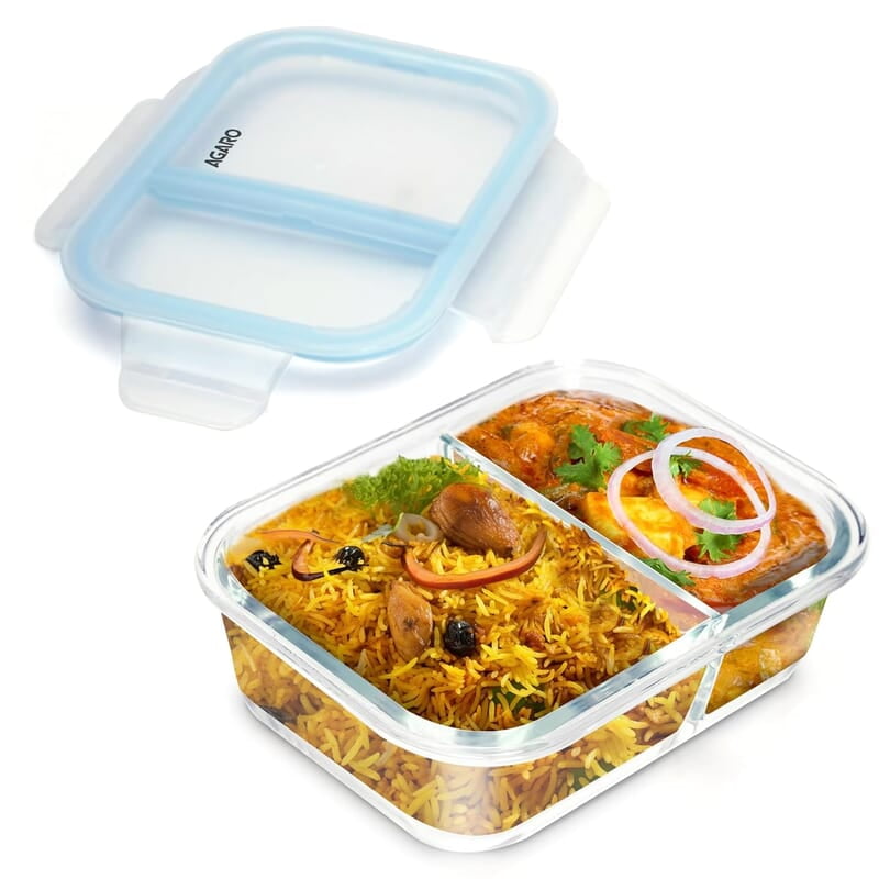AGARO Compartment Lunch Box/Container 600Ml, Office Tiffin Box for Men & Women, Borosilicate Glass Body