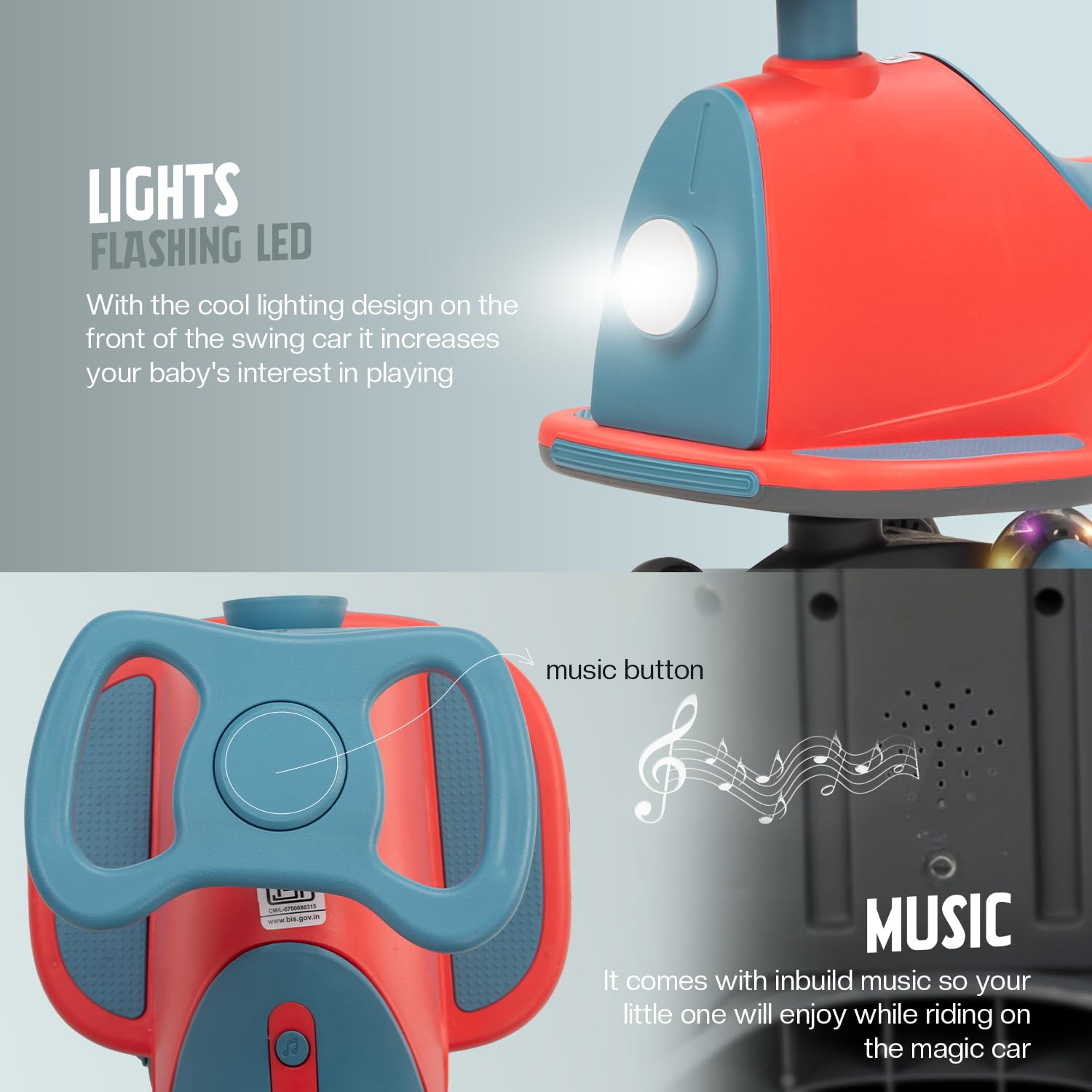 Baybee Nord Kids Magic Swing Car for Kids-Red/Blue