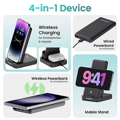 Ambrane 4 in 1 Wireless Charging 10000mAh Power Bank 22.5W Fast Charging, USB & Type C Output, Power Delivery, Quick Charge for iPhone, Android & Other Devices Aerosync Quad Ambrane 4 in 1 Wireless Charging 10000mAh Power Bank 22.5W Fast Charging, USB & Type C Output, Power Delivery, Quick Charge for iPhone, Android & Other Devices Aerosync Quad
