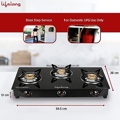 Lifelong 3 Burner Gas Stove Top for Kitchen - Manual Ignition Cooktop Modern Glass Stove for Modular Kitchen, ISI Certified Lifelong 3 Burner Gas Stove Top for Kitchen - Manual Ignition Cooktop Modern Glass Stove for Modular Kitchen, ISI Certified