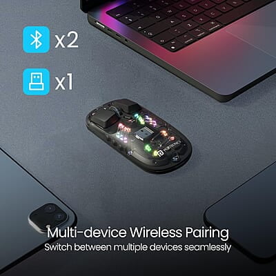 Portronics Toad 5 Transparent Bluetooth Mouse with 2.4 GHz & BT 5.3 Dual Wireless, Rechargeable, RGB Lights, Connect 3 Devices, Sleek Design for Laptop, Smartphone, Tablet