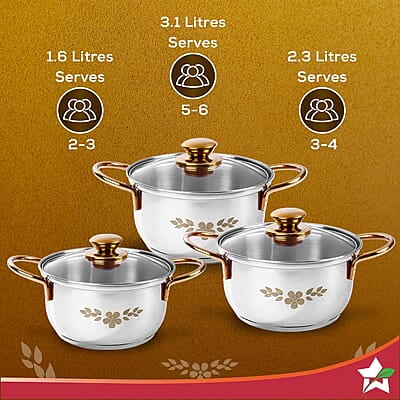 Wonderchef Gold Stanton Stainless Steel 3 piece Casserole Set with Glass Lid Set of 3 (1.6L, 2.3L, 3.1L) Wonderchef Gold Stanton Stainless Steel 3 piece Casserole Set with Glass Lid Set of 3 (1.6L, 2.3L, 3.1L)