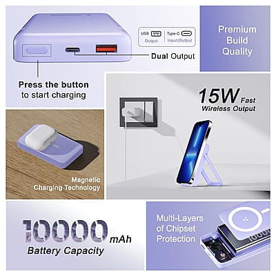 Ambrane 10000mAh Magnetic Wireless Power Bank with Stand, 15W Wireless Fast Charging, Compact 22.5W PD Wired Charger, Compatible with iPhone 12/13/14/15 & Other Wireless Devices