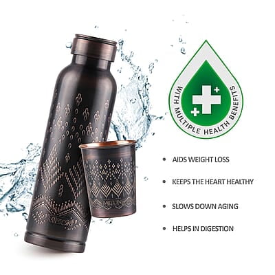 MILTON Copper Elegante Gift Set (1- Bottle, 940 ml and 2-Tumbler, 290 ml Each), Copper Ethnic
