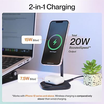 Ambrane 20W MagSafe 2in1 Wireless Charger & Mobile Stand for Both iPhone & Airpods (iPhone 15/15 Plus/15 Pro/15 Pro Max, iPhone 12/13/14 Series) & Qi Devices + Magnetic Ring