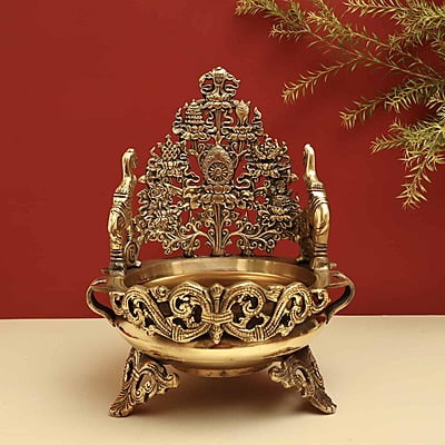 Brass Elephant Designer Urli Decorative Bowl - 12 inch Height | Majestic Brass Urli Decorative Bowl with Elephant Design for Royal Decor