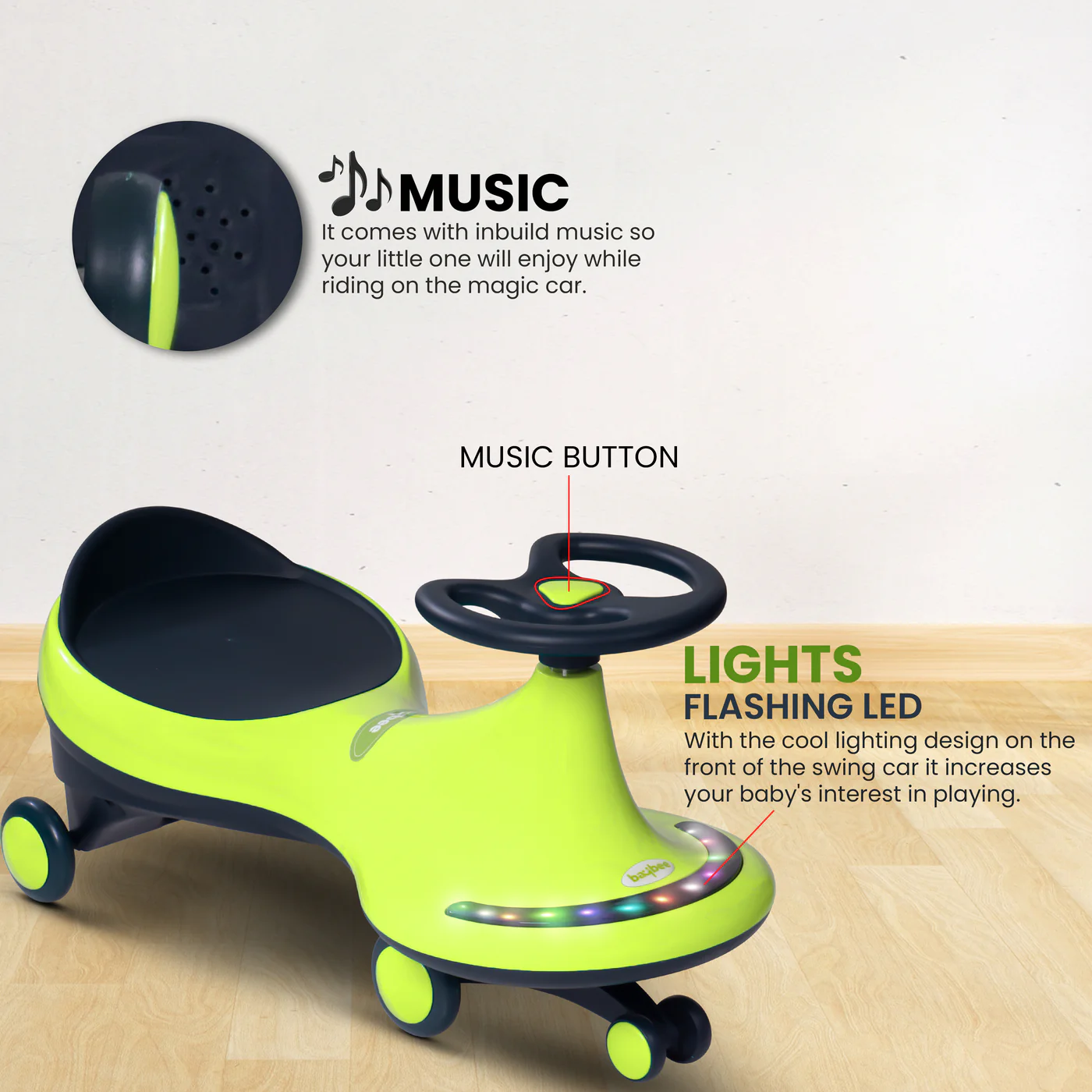 Baybee Trix Go Kids Magic Swing Cars for Kids-Pista Green