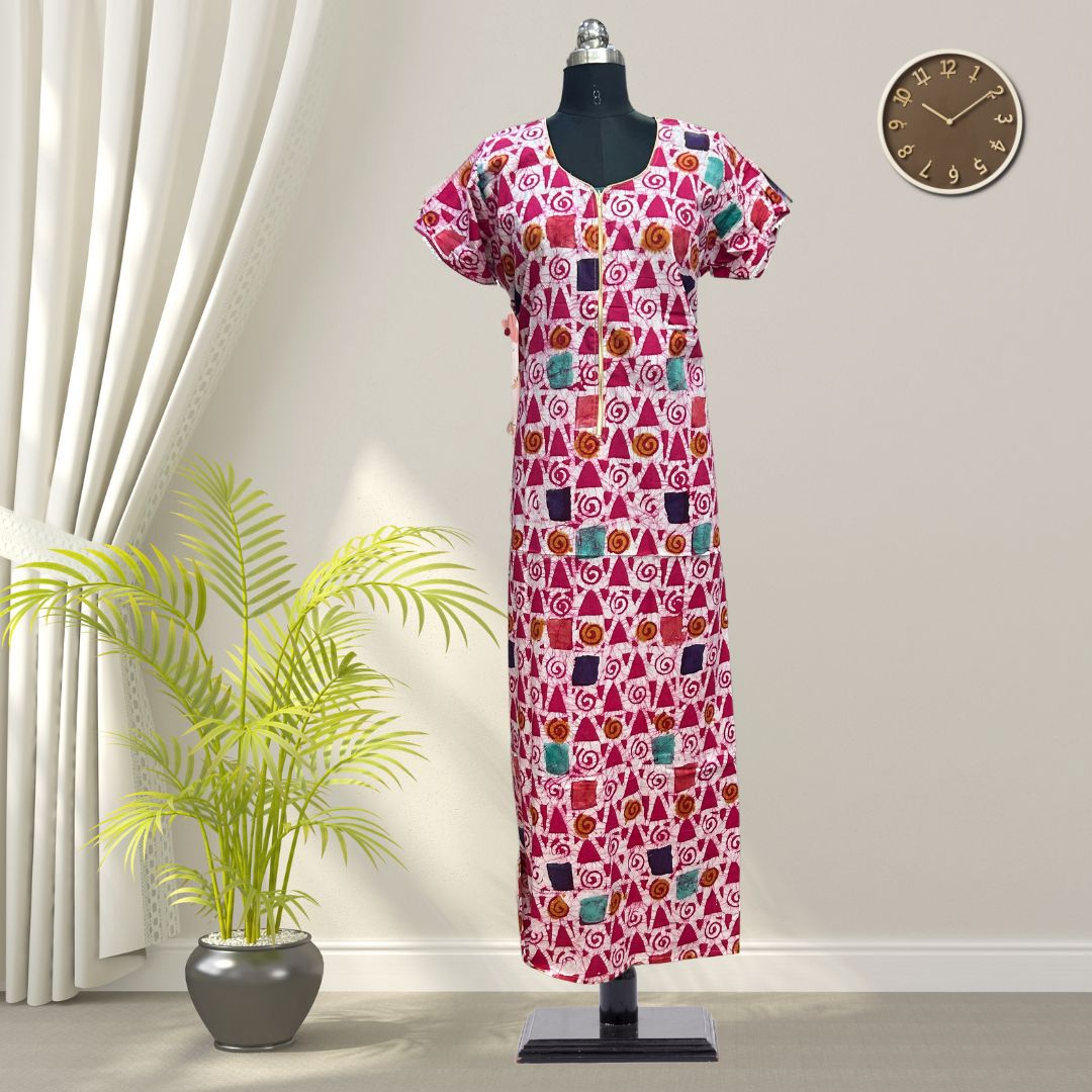 Sea Red Batik Cotton Nighty With All Over From Libas Loungewear - AL1087 Sea Red Batik Cotton Nighty With All Over From Libas Loungewear - AL1087