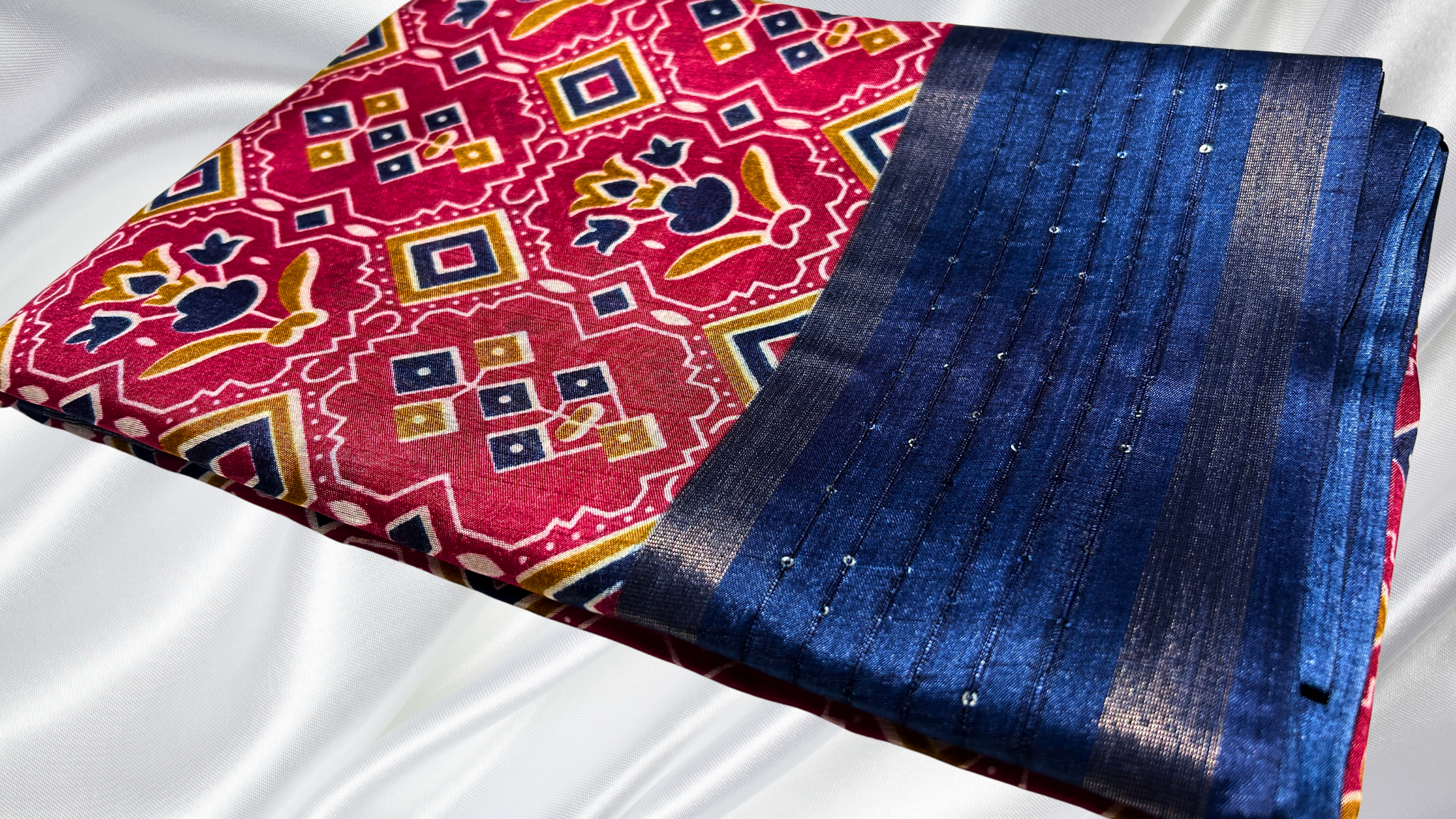 Dola Patola Sequence Saree - Red Pink & Navy