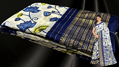 White Lotus Gold Foil Saree - Dark Blue