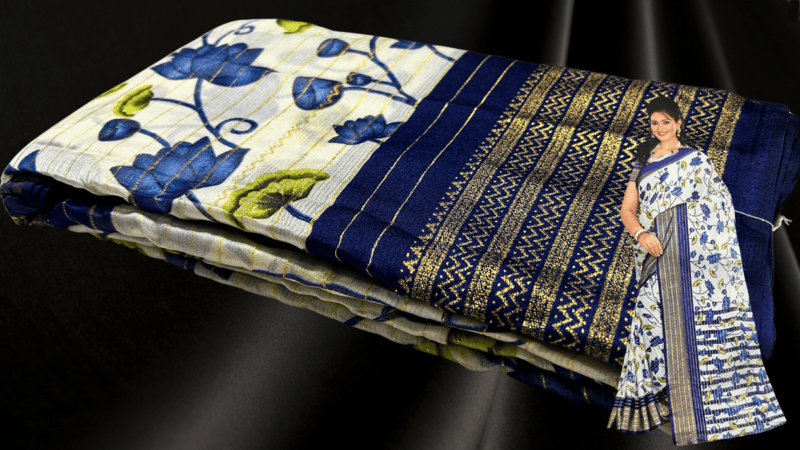 White Lotus Gold Foil Saree - Dark Blue