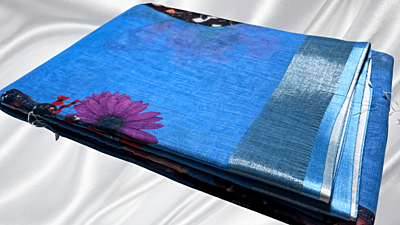 Linen Cotton Butterfly Saree - Light Blue