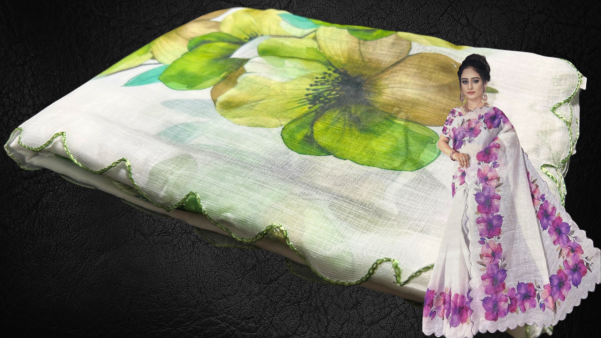 Rich White Cotton Floral Saree - Leaf Green