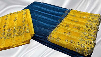 Popcorn Dual Cut Color Stone Work Saree - Blue & Yellow