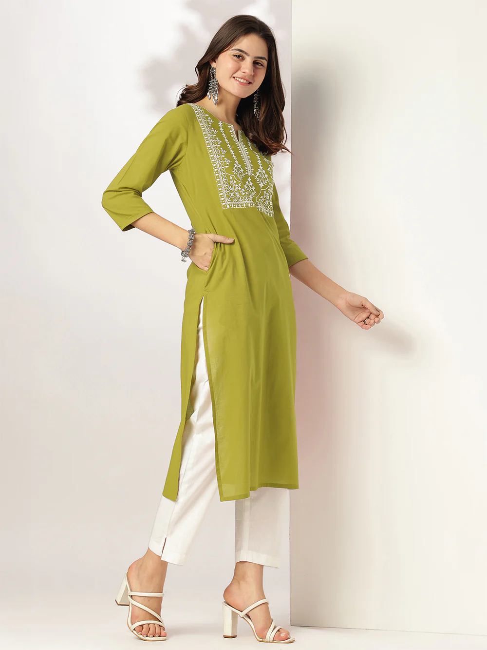Janasya Women's Rust Pure Cotton Yoke Embroidered Straight Kurta