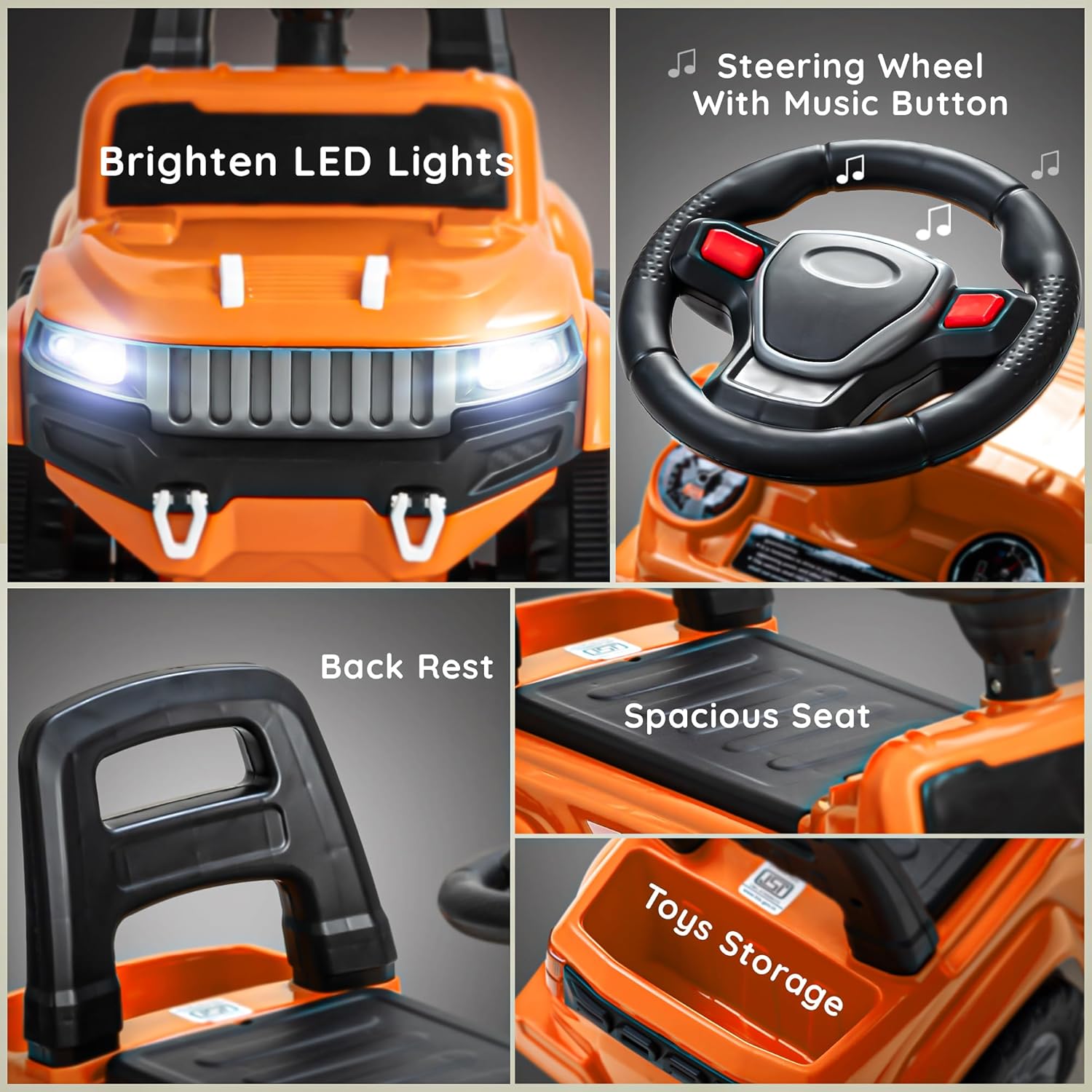 Baybee Push Ride on Baby Jeep for Kids Toys with LED Light & Storage Bin- Orange Baybee Push Ride on Baby Jeep for Kids Toys with LED Light & Storage Bin- Orange