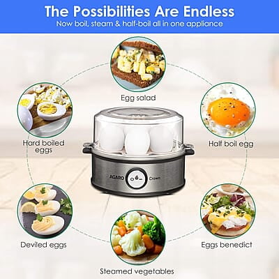 AGARO Crown Instant Egg Boiler 360 Watts, Boils Up to 7 Eggs with 3 Modes Heating/Stainless Steel Body (Silver) AGARO Crown Instant Egg Boiler 360 Watts, Boils Up to 7 Eggs with 3 Modes Heating/Stainless Steel Body (Silver)