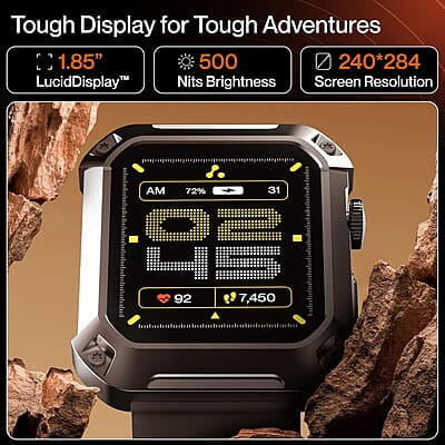 Ambrane 1.85" Uni Pair BT Calling Smartwatch, Rugged & Sporty Metal Body, 10 Days Battery, 500 NITS, 100+ Sports Mode with IP68, Sp02 Tracking, 100+ Watch Faces Stud