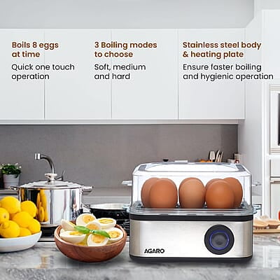 AGARO Grand Egg Boiler and Poacher,2-in1 Boils 8 Eggs, Poach 4 Eggs, Steamed Vegetables, 3 Boiling Modes, Stainless Steel Body, Transparent Lid, 500 Watts, Silver 14 ounces