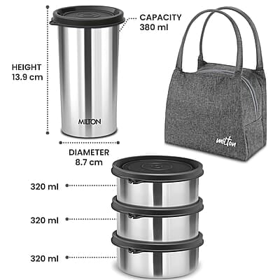 MILTON Bling Bag Tiffin (3 Inner Stainless Steel Containers 320 ml each and 1 Tumbler, 380 ml with Jacket MILTON Bling Bag Tiffin (3 Inner Stainless Steel Containers 320 ml each and 1 Tumbler, 380 ml with Jacket