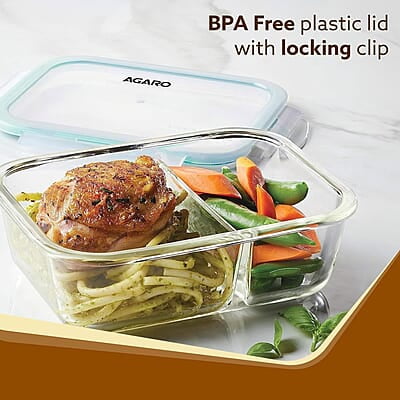 AGARO Compartment Lunch Box/Container 600Ml, Office Tiffin Box for Men & Women, Borosilicate Glass Body