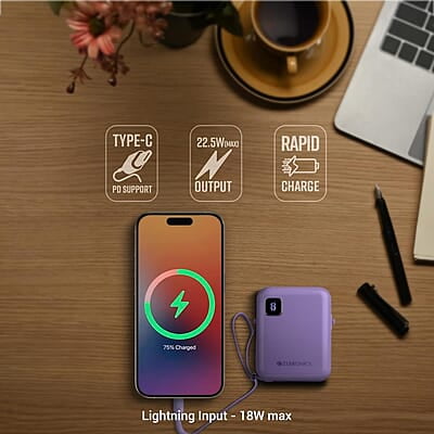 ZEBRONICS MW64 Compact Power Bank, 10000 mAh, Rapid Charge, 22.5W Output, Outputs - Type C Cable | Type C Port | Lightning Port, Percentage Indicator
