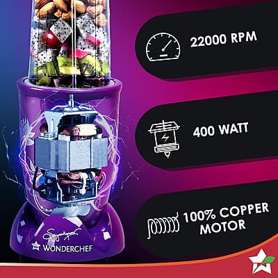 Wonderchef Nutri-blend Mixer, Grinder & Blender 400 Watt 22000 RPM 2 Unbreakable Jars Purple