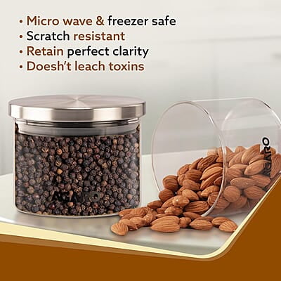AGARO Elite Borosilicate Glass Jar 350 ml, Round Shaped, Steel Lid  Pack of 2.