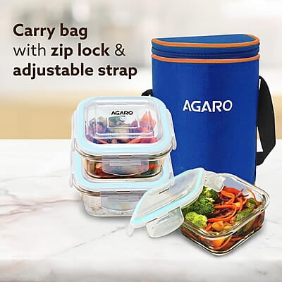 AGARO Elite Borosilicate Glass Lunch Box, 3pcs Set, 320ml Each, Office Tiffin Box with Bag Square