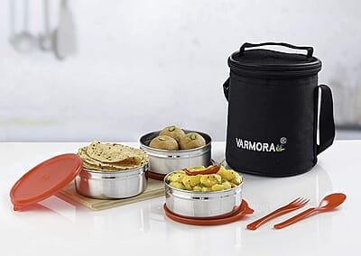 Varmora Trio Steel Lunch Box, Pink, 390 Ml, 3 Pieces