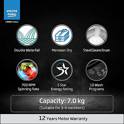 Voltas Beko, A TATA Product 7 kg 5 Star Eco Wash/Monsoon Dry Fully-Automatic Top-Load Washing Machine
