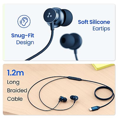 Ambrane Type C Wired Earphones with in-line Mic for Clear Calling, 1.2M Cable, 10mm Dynamic Drivers for BoostedBass, Control Buttons for iPhone 15, Samsung & Type C Devices Stringz 04