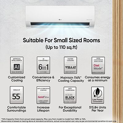 LG 1 Ton 5 Star DUAL Inverter Split AC (Copper, AI Convertible 6-in-1 with VIRAAT Mode, Faster Cooling & Energy Saving, 4 Way Swing, HD Filter with AntiVirus Protection