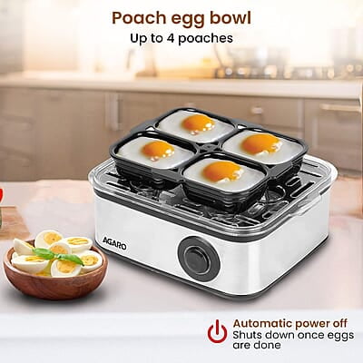 AGARO Grand Egg Boiler and Poacher,2-in1 Boils 8 Eggs, Poach 4 Eggs, Steamed Vegetables, 3 Boiling Modes, Stainless Steel Body, Transparent Lid, 500 Watts, Silver 14 ounces