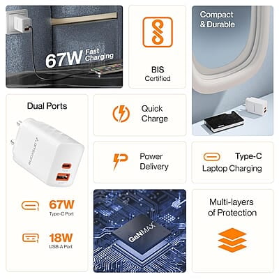 Ambrane 67W Dual Port GaN Charger,Fast Charger Adapter for Laptop, Lenovo, HP, ASUS, Dell, MacBook, iPhone Series, Samsung & Other Devices, USB & Type C Port with QC & PD Technology