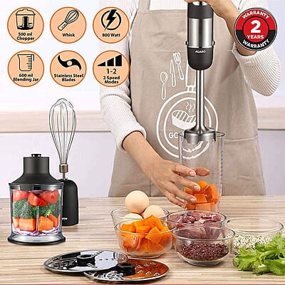 AGARO Marvel 800 Watts Hand Blender With Chopper, Jar & Whisker, 2 Variable Speed Modes & Speed Regulator