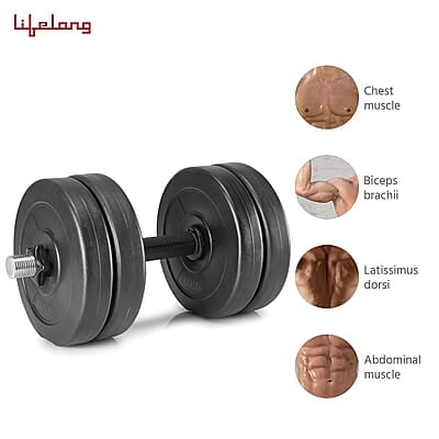Lifelong PVC Home Gym Set 10Kg Plate 3Feet Curl Rod and Dumbbells Rods with Gym Accessories