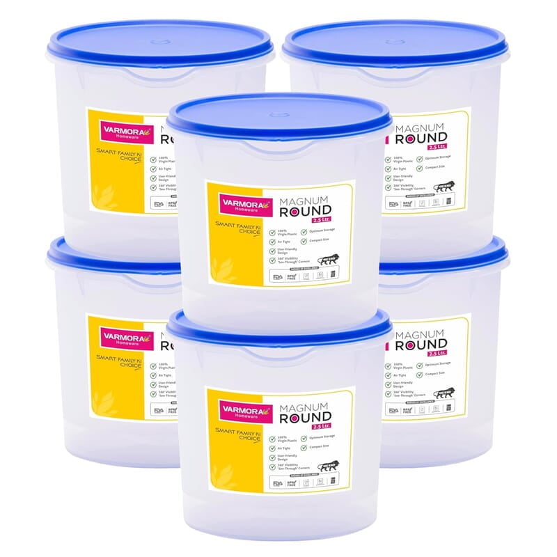 Varmora Magnum Round Smart Kitchen Storage Plastic Container – Blue Lid (2.5 Litres) (Pack of 6) Varmora Magnum Round Smart Kitchen Storage Plastic Container – Blue Lid (2.5 Litres) (Pack of 6)