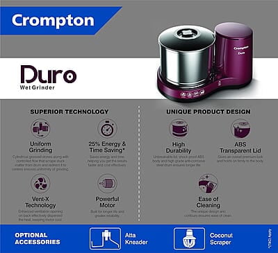 Crompton Greaves Duro 2-L Wet Grinder with Motor Vent-X Technology 1 Jar with Coconut Scrapper and Atta Kneader Accessories
