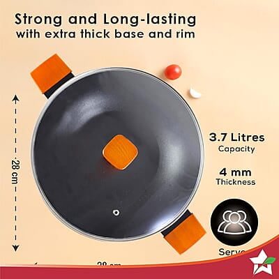 Wonderchef Caesar Forged Virgin Aluminium Kadhai with Glass Lid, 28cm, Black, Greblon C3 Wonderchef Caesar Forged Virgin Aluminium Kadhai with Glass Lid, 28cm, Black, Greblon C3