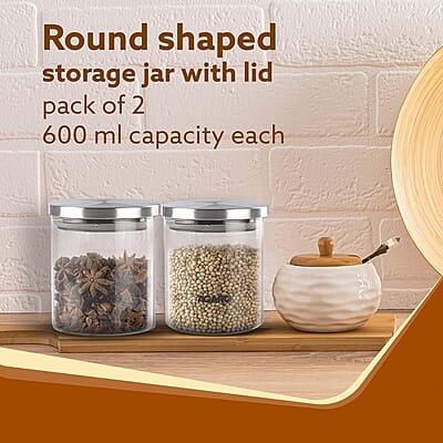 AGARO Elite Borosilicate Glass Jar 600 ml, Round Shaped, Steel Lid Pack of 2